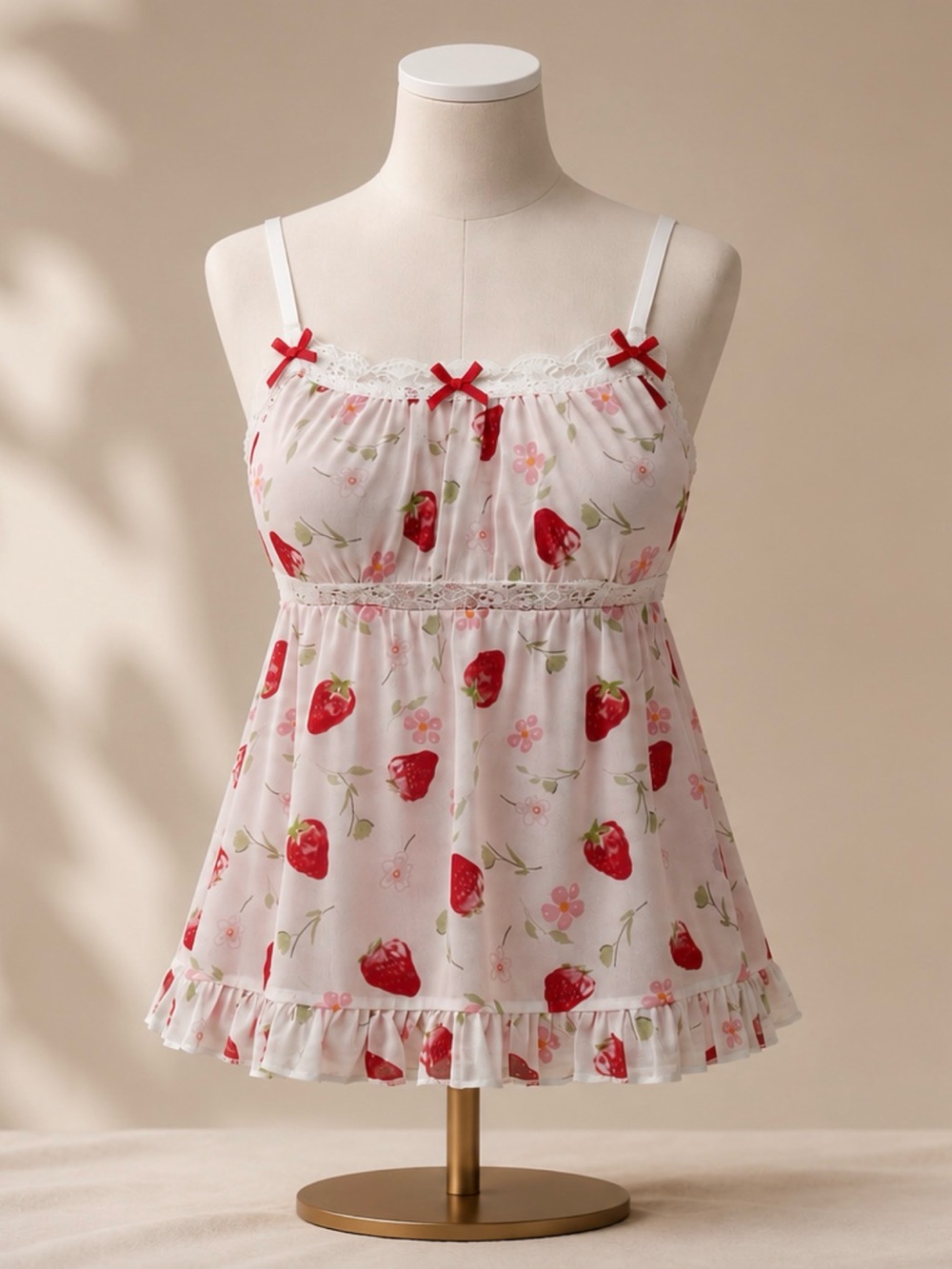 Fairycore Strawberry Print Mesh Cami Babydoll Tank Top New Boutique
